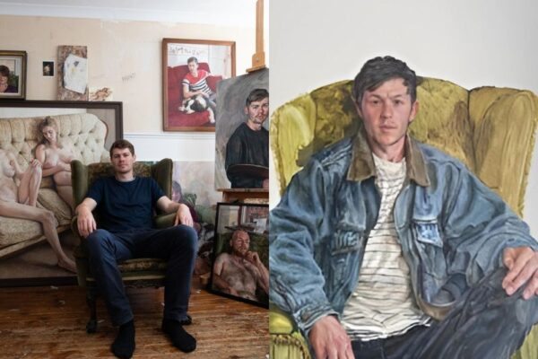 'Rising Star’ selected to exhibit at the National Portrait Gallery. picture of artist portrait when he is on arm chair.