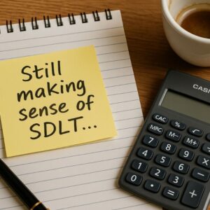 Picture of note, pen, empty cup pf coffee and calculator.