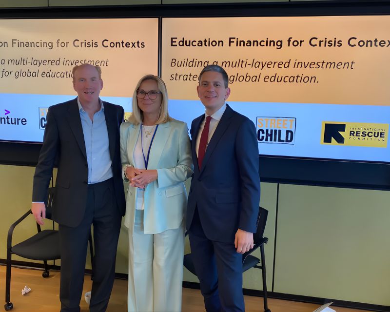 Sigrid Kaag (Chair, High-Level Steering Group of Education Cannot Wait) and David Miliband (CEO, IRC), moderated by Tom Dannatt (CEO & Founder, Street Child)