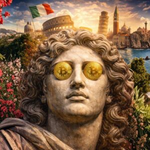 Picture of statue with bitcoin coins in the eyes.