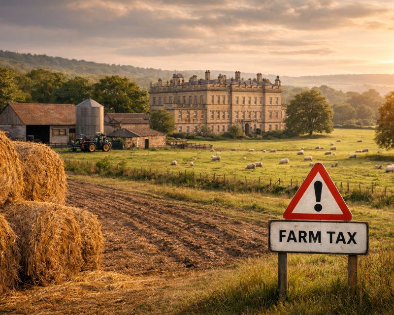 Picture of farm with sign of farm tax