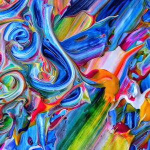 Colorful abstract painting with dynamic swirls and vivid acrylic patterns.