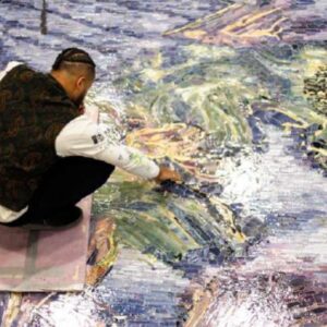 Picture of Manuel Mathieu working on Le mont habité, 2025. Photo:Jeanne Tétreault. Courtesy of the Gallery Hugues Charbonneau and the artist.