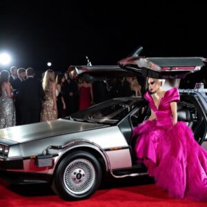 Picture of Lady Gaga coming inside the car.