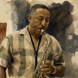 Picture of man playing jazz in Boston at Wallys in Copley artist style