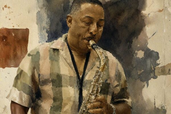 Picture of man playing jazz in Boston at Wallys in Copley artist style