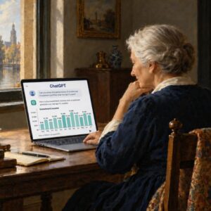 Picture of old woman searching chatgpt on computer.