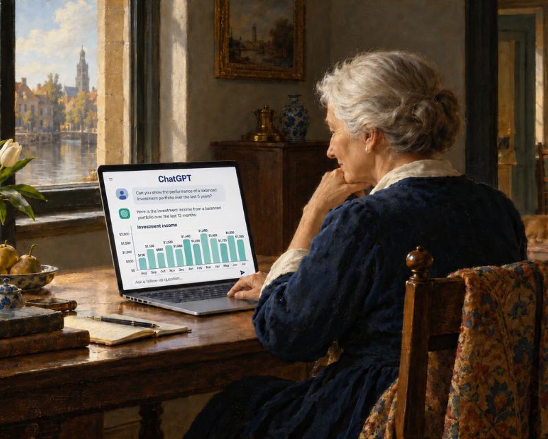 Picture of old woman searching chatgpt on computer.