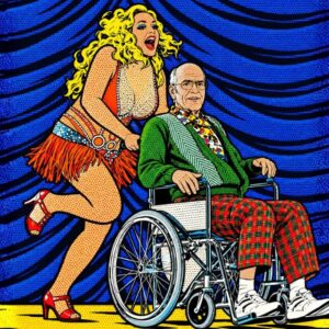 Picture of woman push an old man in wheelchair.